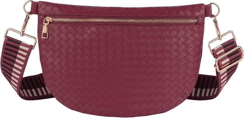 Dealkion Woven Crossbody Bags for Women Leather Belt Bum Sling Purse Fanny Waist Pack Chest Shoulder Bag for Women-Burgundy - Image 1